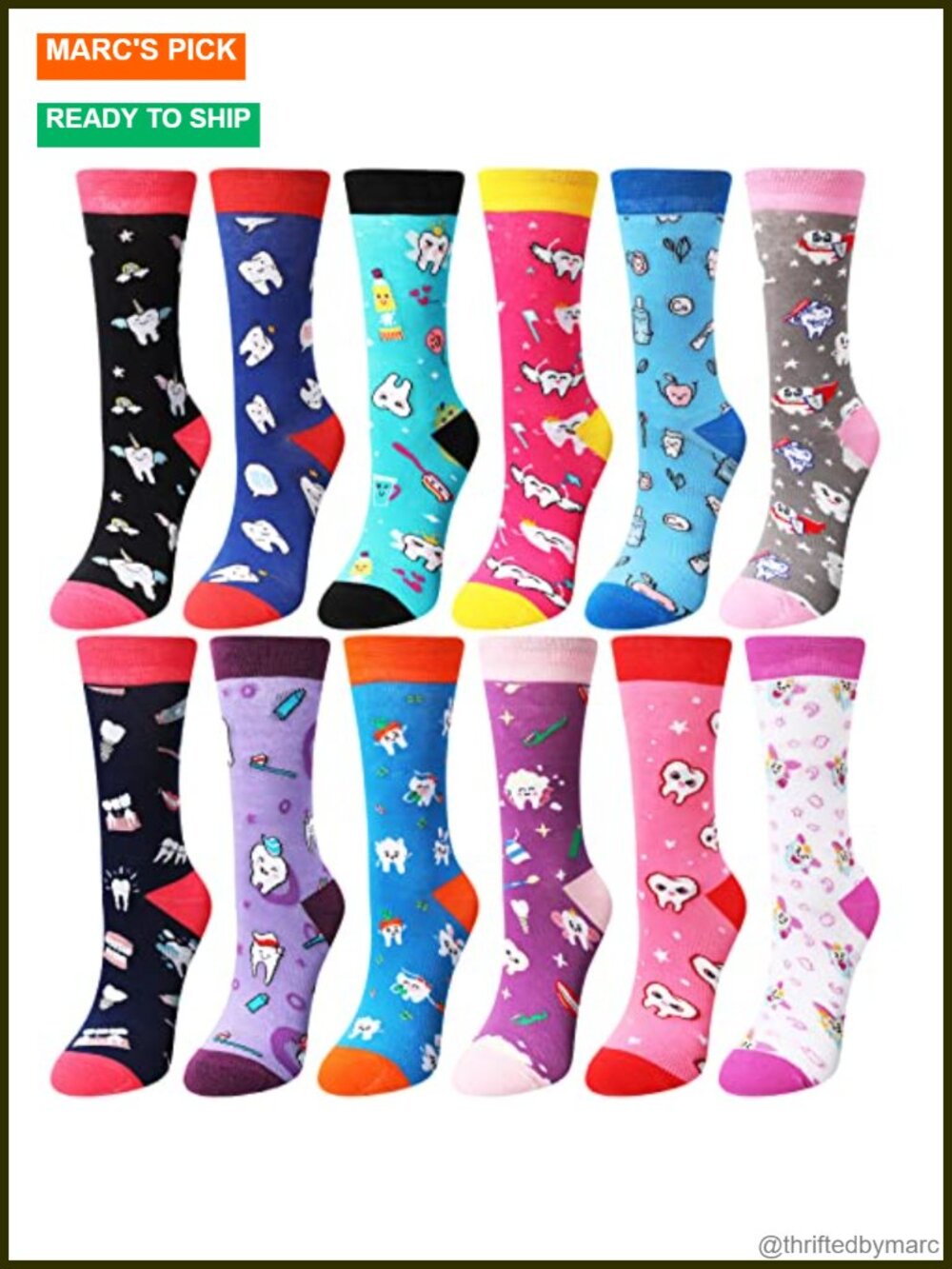 Dental Teeth Themed Crew Socks 12 Pairs Combed Cotton Novelty Gift
